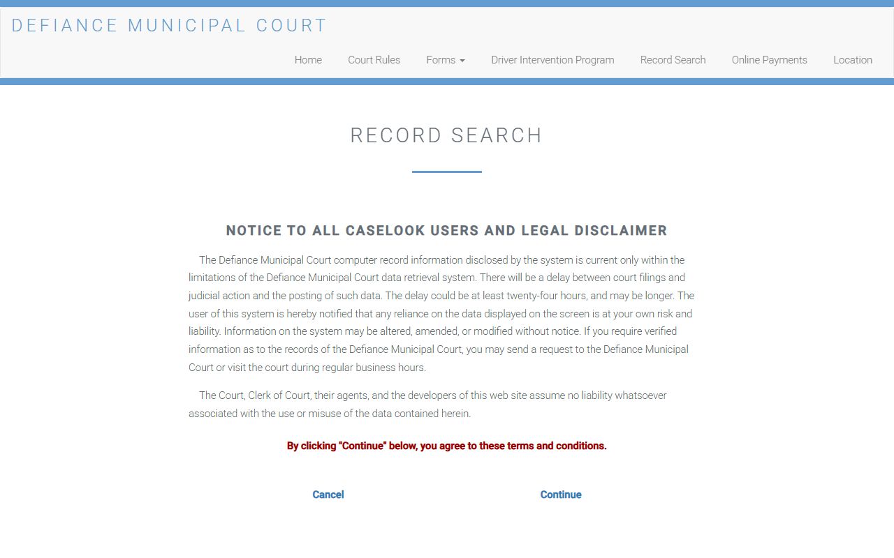 Defiance County public records municipal court record search portal