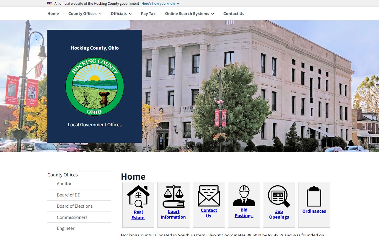 Hocking County public records portal for court case filings and government documents in Logan Ohio