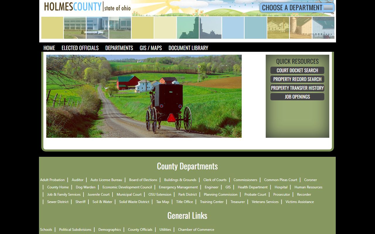 Holmes County public records portal showing court docket search and property records in Millersburg Ohio