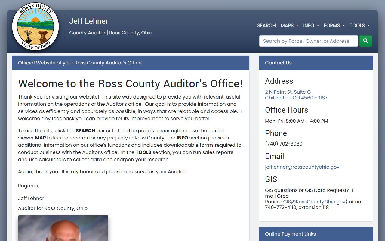 Ross County public records search portal showing county government offices